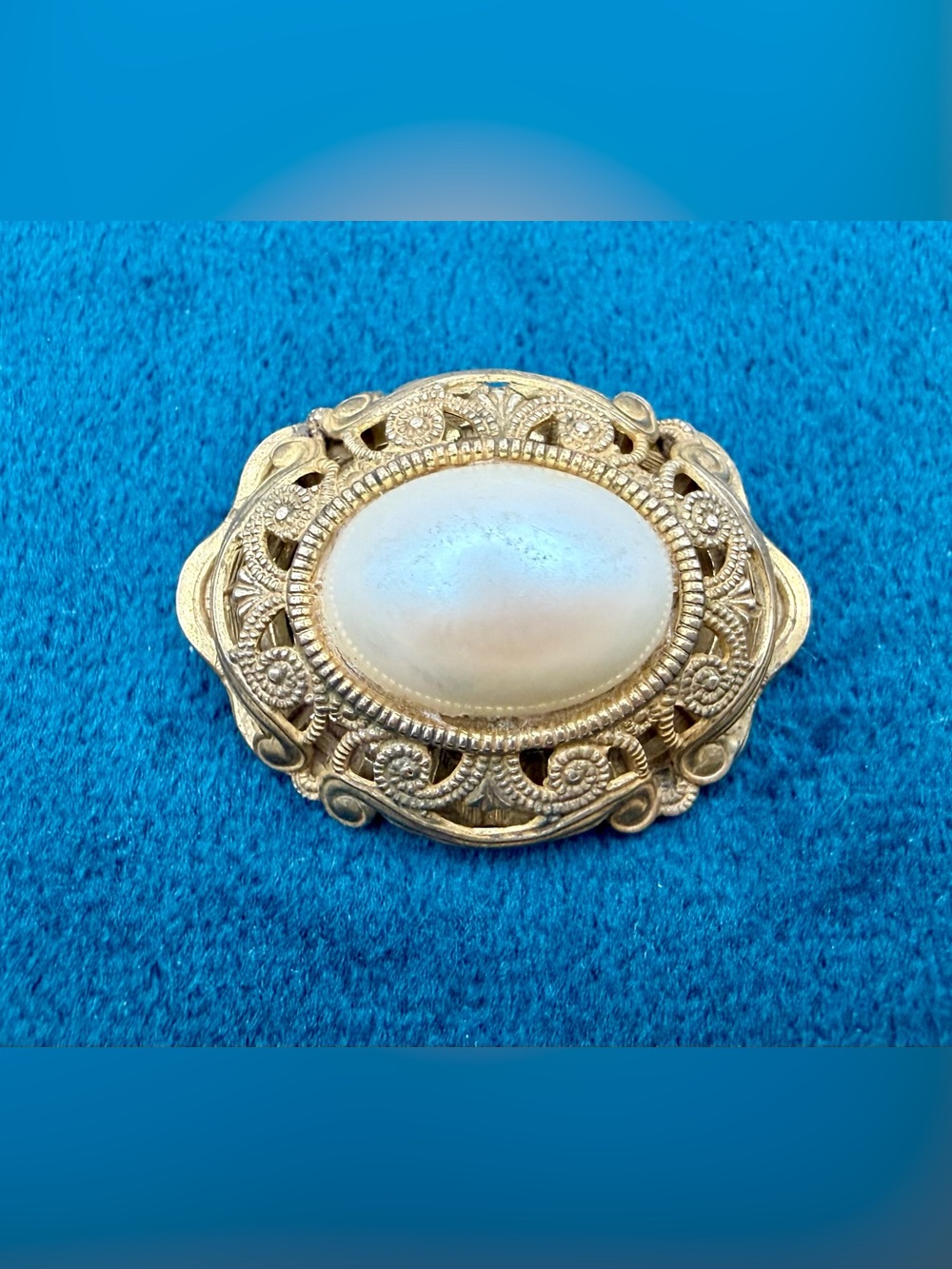Signed Miriam Haskell Faux Pearl Filigree Brooch